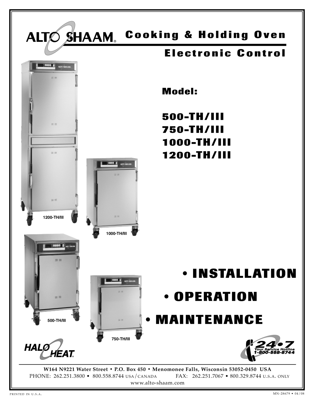 Alto-Shaam 500-TH/III, 1000-TH/III, 750-TH/III, 1200-TH/III, 767-SK/III manual Installation, Operation, Maintenance 
