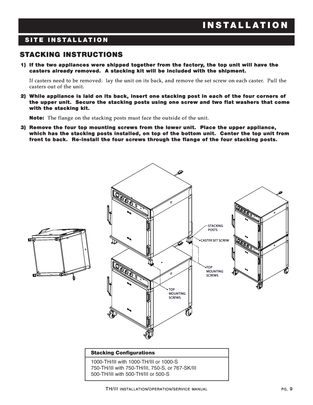 Alto-Shaam 1200-TH/III manual Inst Allatio N, Stacking Instructions, S It E I Nsta Lla T Ion 