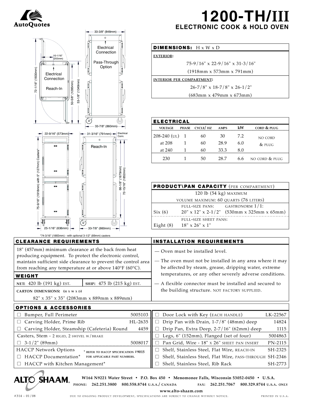 Alto-Shaam 1200-TH/III/STD, 1200-TH/III/HD warranty Electronic Cook & Hold Oven 