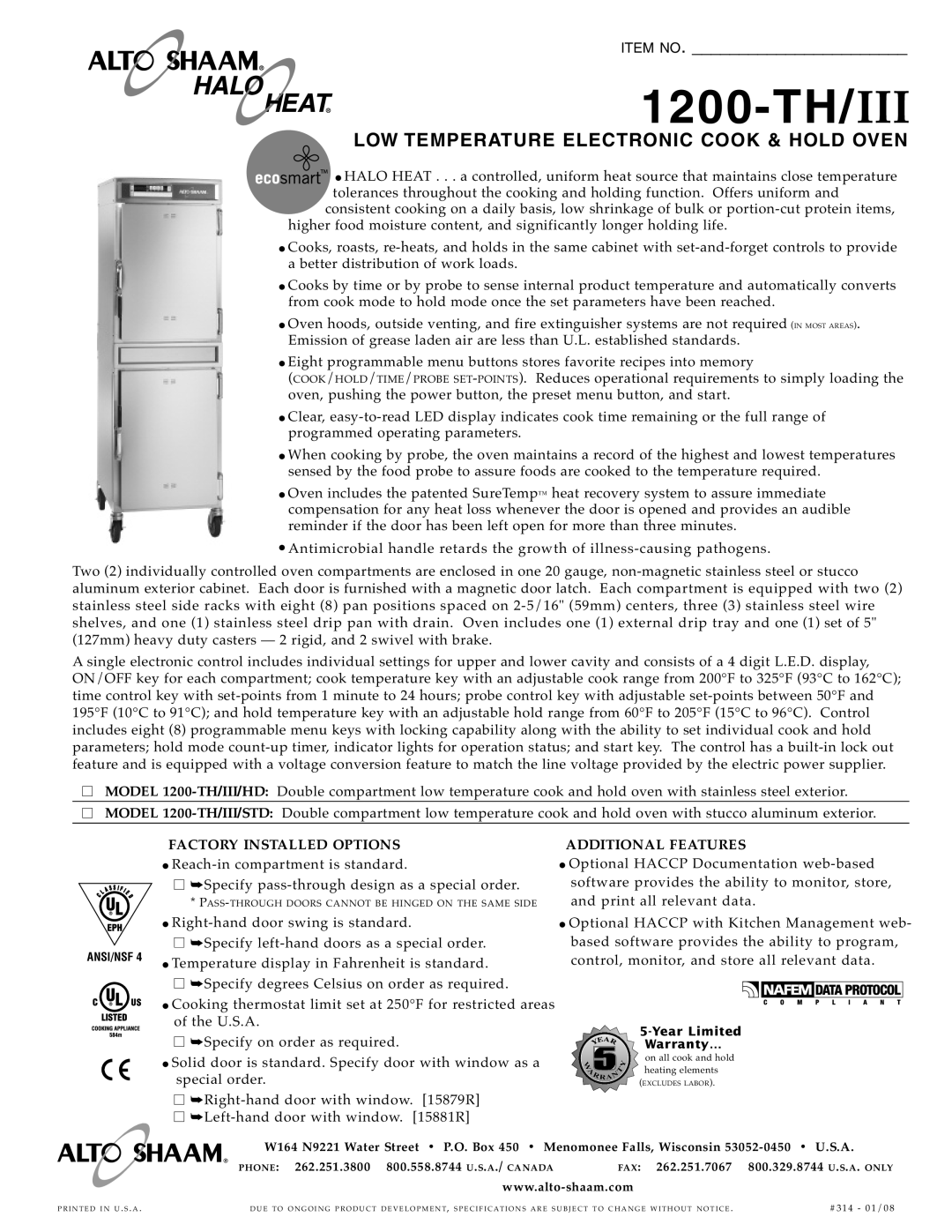 Alto-Shaam warranty 1200- TH, Low Temperature Electronic Cook & Hold Oven, Item No, MODEL 1200-TH/III/HD 