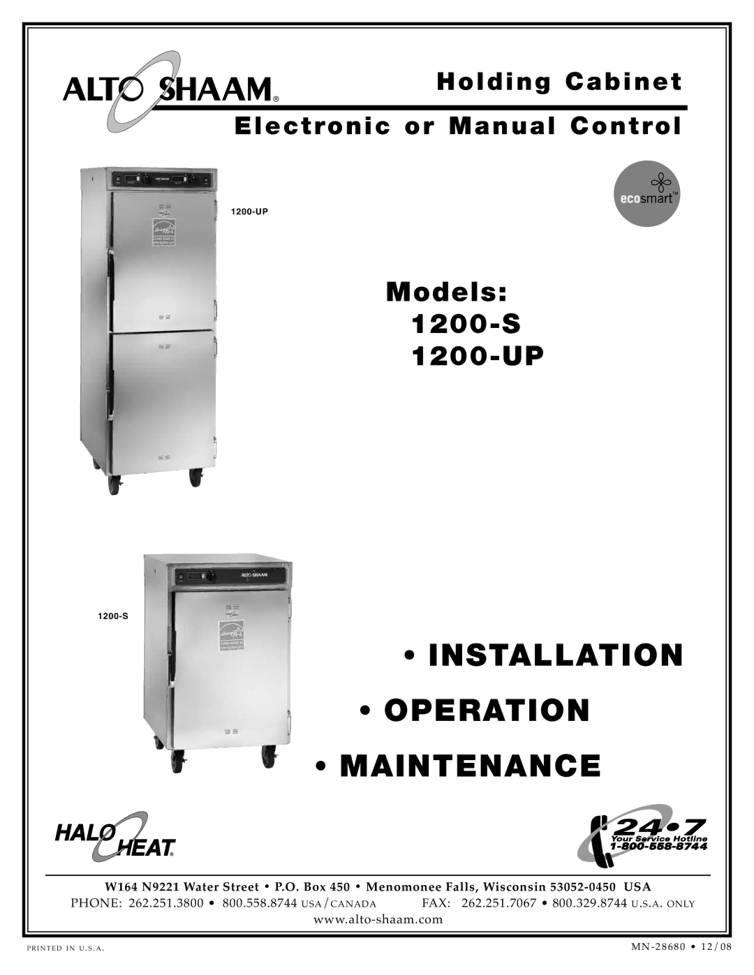 Alto-Shaam 1200-S, 1200-UP manual Installation Operation Maintenan CE, Phone 