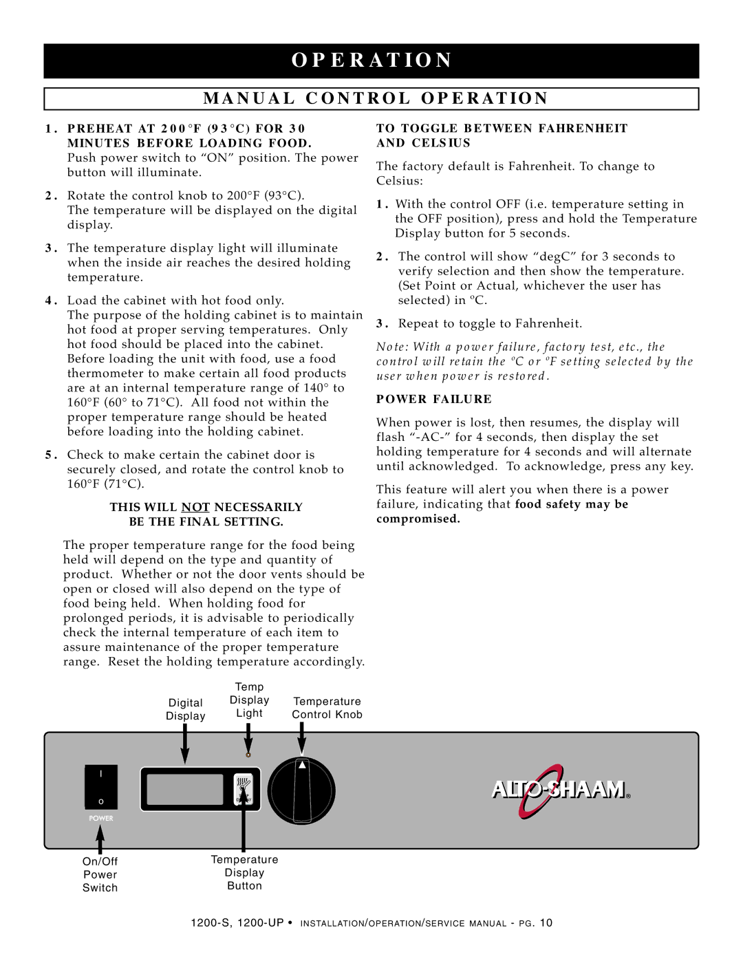 Alto-Shaam 1200-S, 1200-UP manual OP Eratio N, MA NU AL C ONT ROL Operat ION, MIN Utes Before L Ading, Power Failur E 