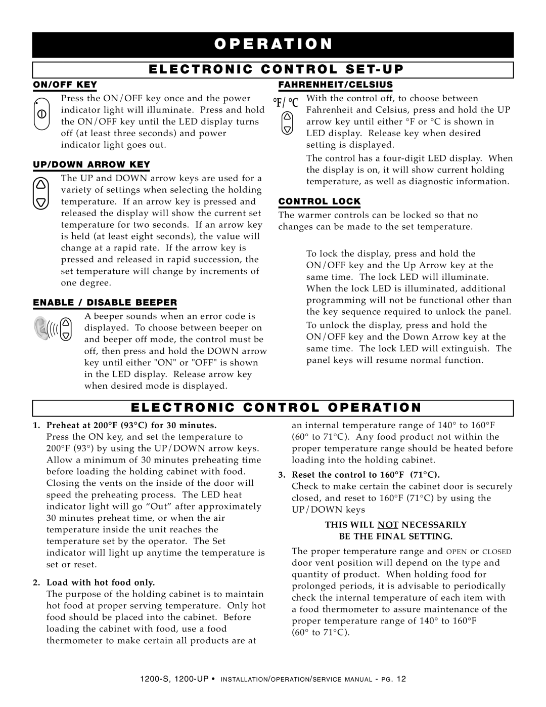 Alto-Shaam 1200-S, 1200-UP manual ELE Ctron IC Cont ROL SET- UP, EC TRO NI C C Ontr OL OP ER Atio N 