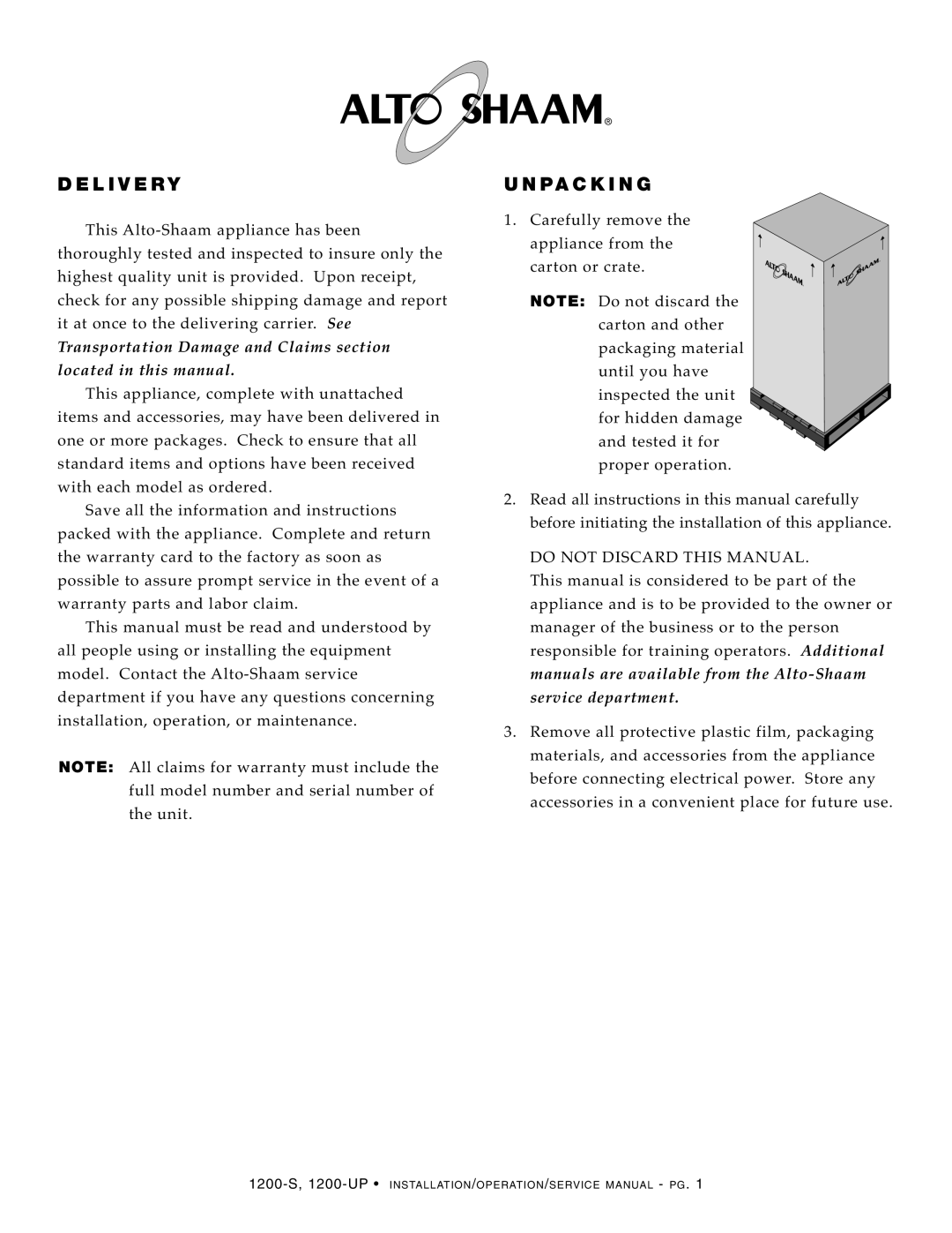 Alto-Shaam 1200-UP, 1200-S manual Deli Very, Unpack I NG 