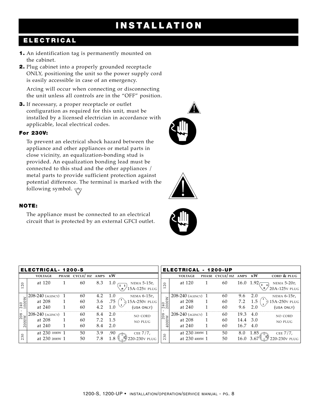 Alto-Shaam 1200-S, 1200-UP manual Au Tio N, An Ger, Dan Ge R, Electr CAL, Not E 