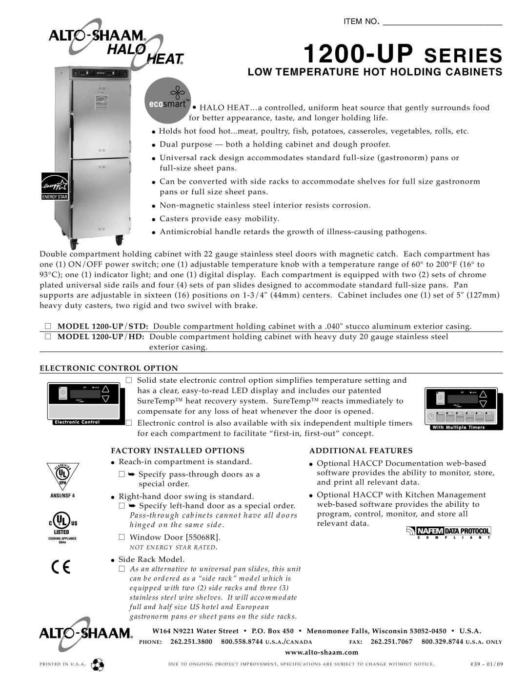 Alto-Shaam 1200-UP/HD specifications Exterior casing, Program, control, monitor, and store all, Side Rack Model 