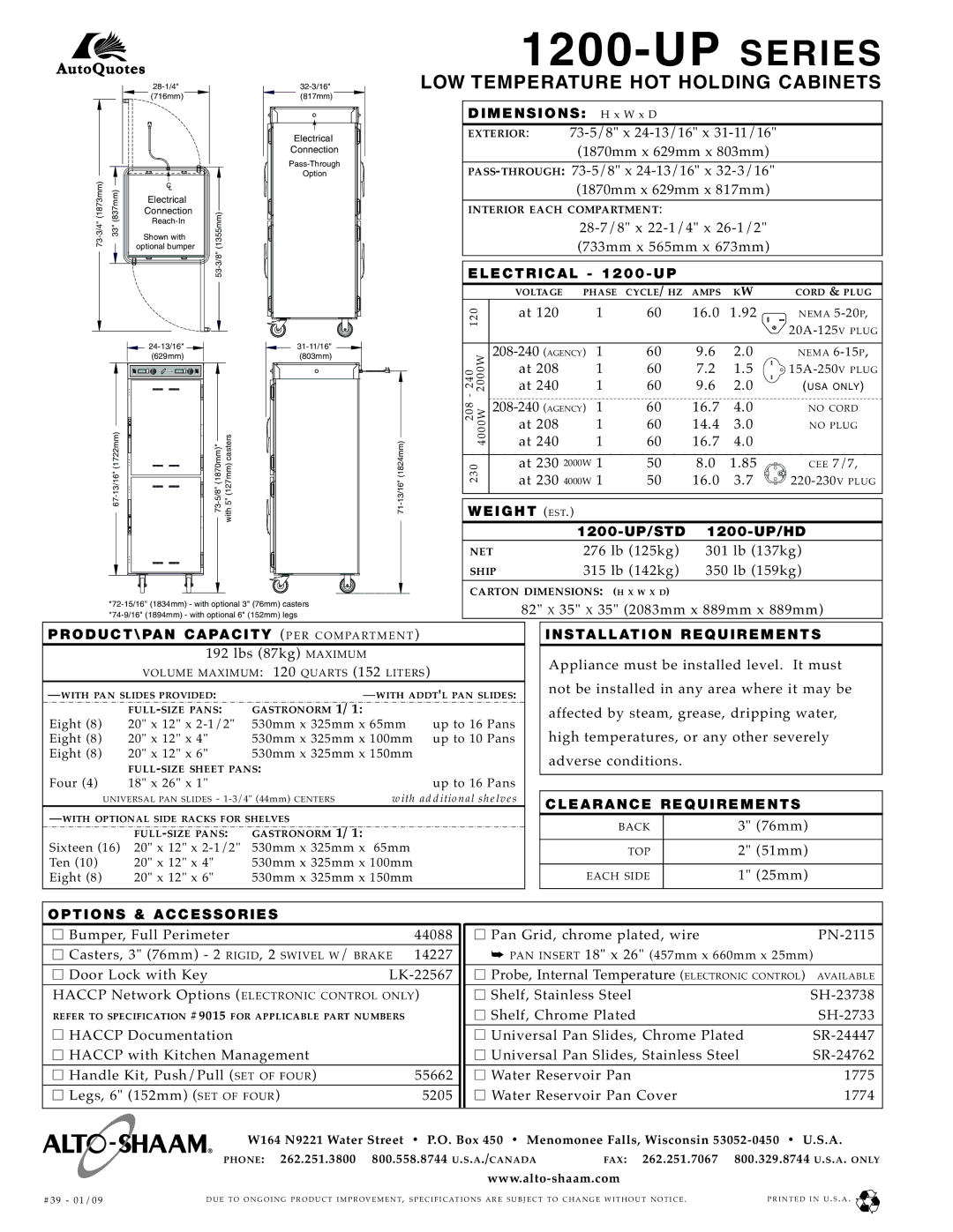 Alto-Shaam 1200-UP Series, 1200-UP/STD Electrical 1200 -UP, Weight EST, Installation Requirements, Clearance Requirements 