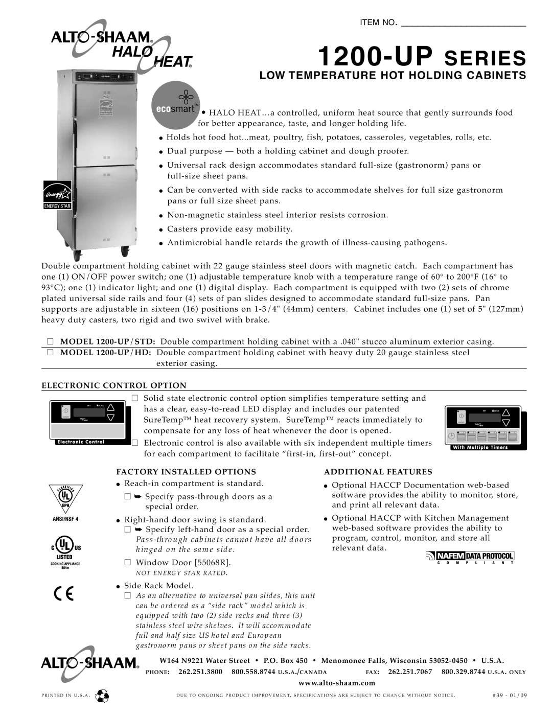 Alto-Shaam 1200-UP/HD specifications Up Series, Low Temperature Hot Holding Cabinets, Item No, MODEL 1200-UP/STD 