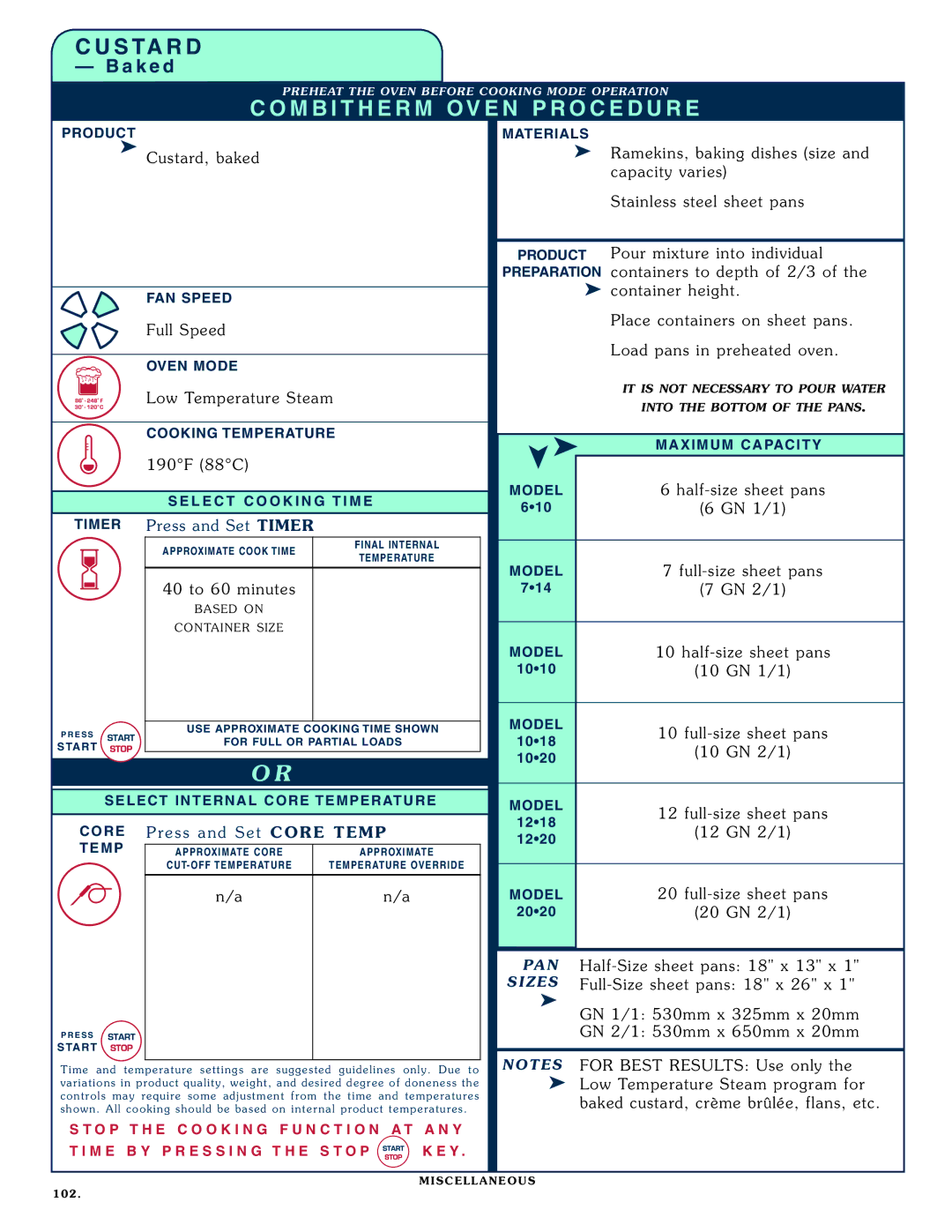 Alto-Shaam 1020, 1218 operation manual Cus tard, baked, Low Temp eratur e Steam, 40 to 60 minutes, Pre ss and Set COR E Temp 