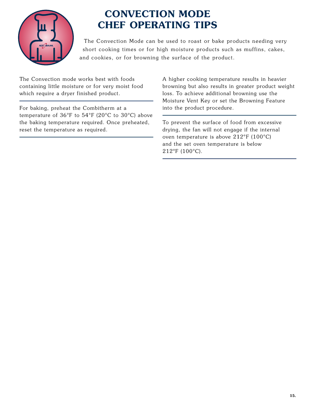 Alto-Shaam 1218, 1020 operation manual Convect ION Mode Chef Opera Ting Tips 