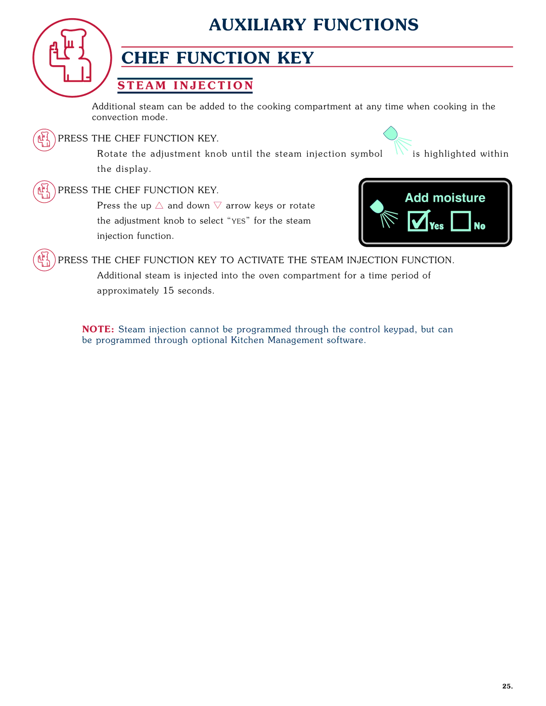 Alto-Shaam 1218, 1020 operation manual Auxili ARY Functions Chef Funct ION KEY, Steam Inje Ction 