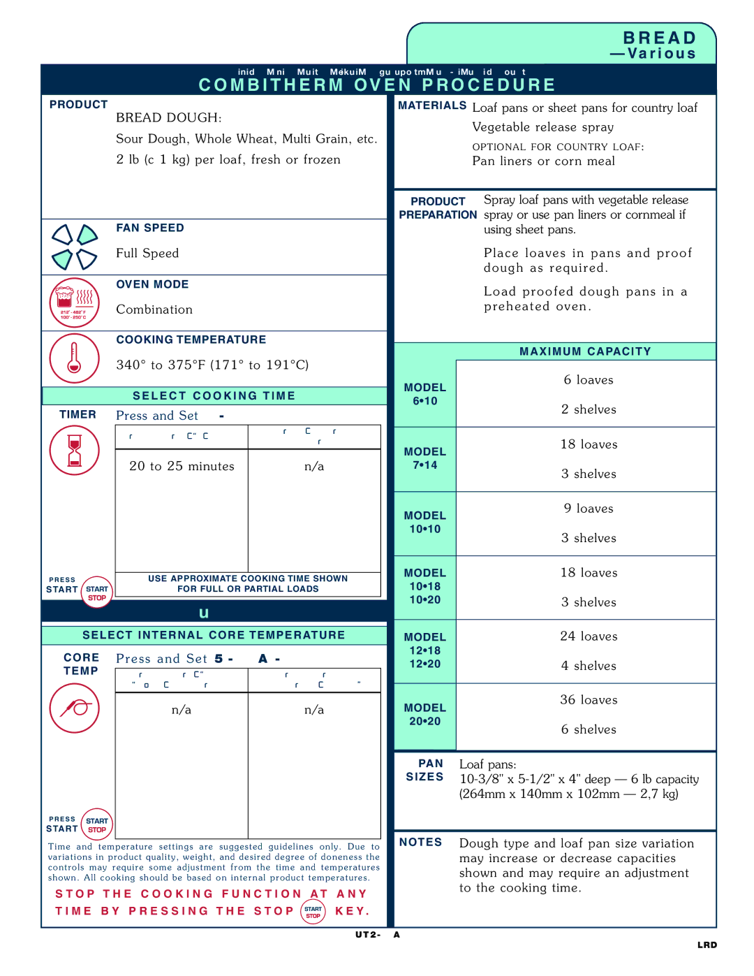 Alto-Shaam 1218, 1020 operation manual Bre Ad Dou Gh, To 37 5F 171 to 191 C, 20 to 25 m inutes, Sh elves 