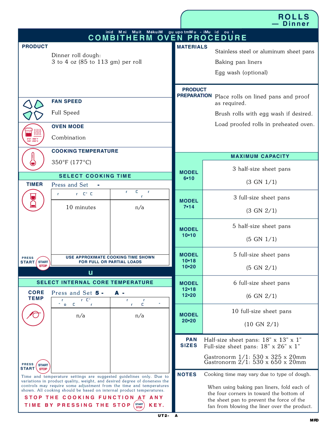 Alto-Shaam 1218, 1020 operation manual Dinn er roll dough To 4 o z 85 to 113 gm per r oll, Pre ss and S et 