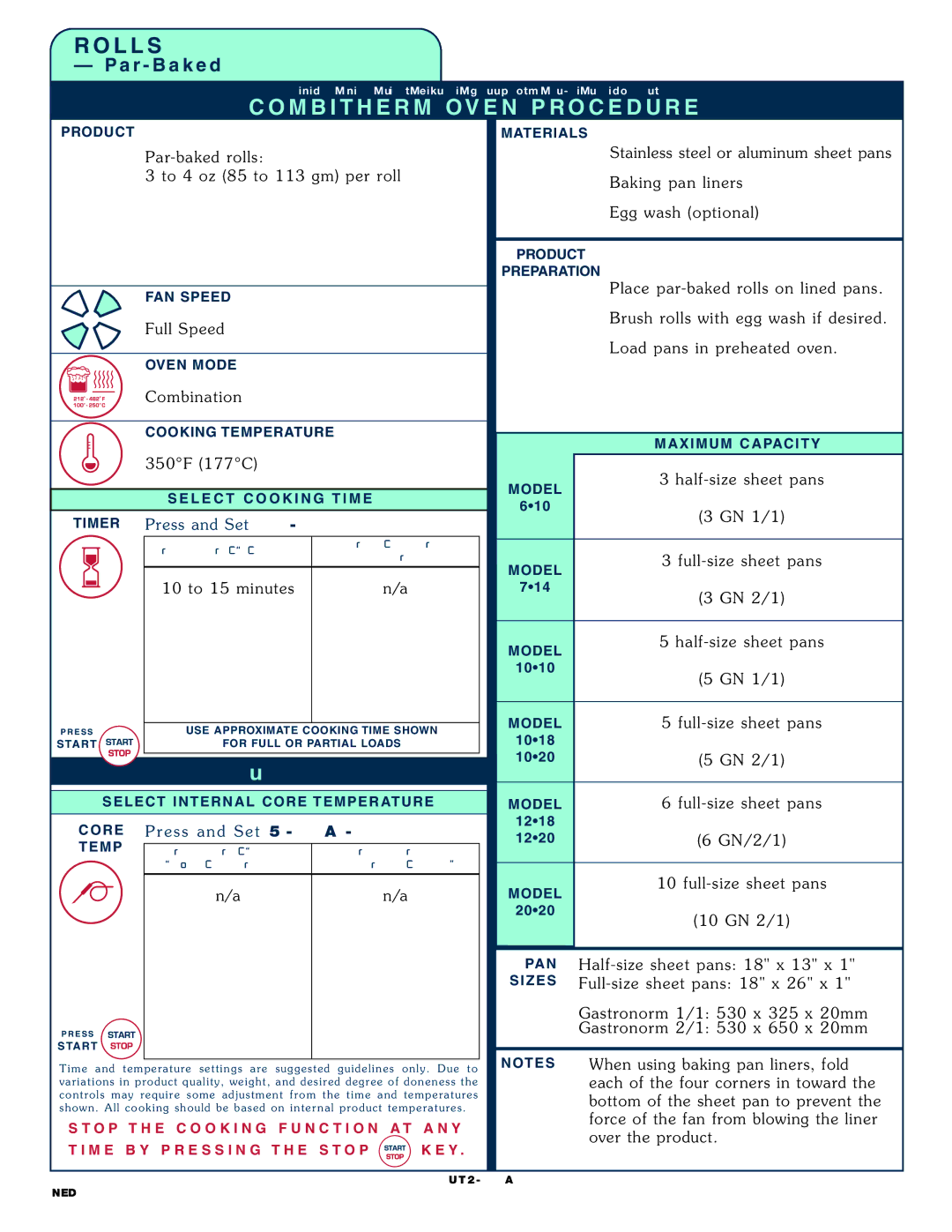 Alto-Shaam 1020, 1218 operation manual Par- baked r oll s To 4 o z 85 to 113 gm per r oll, 10 to 15 mi nutes, N/2/1 