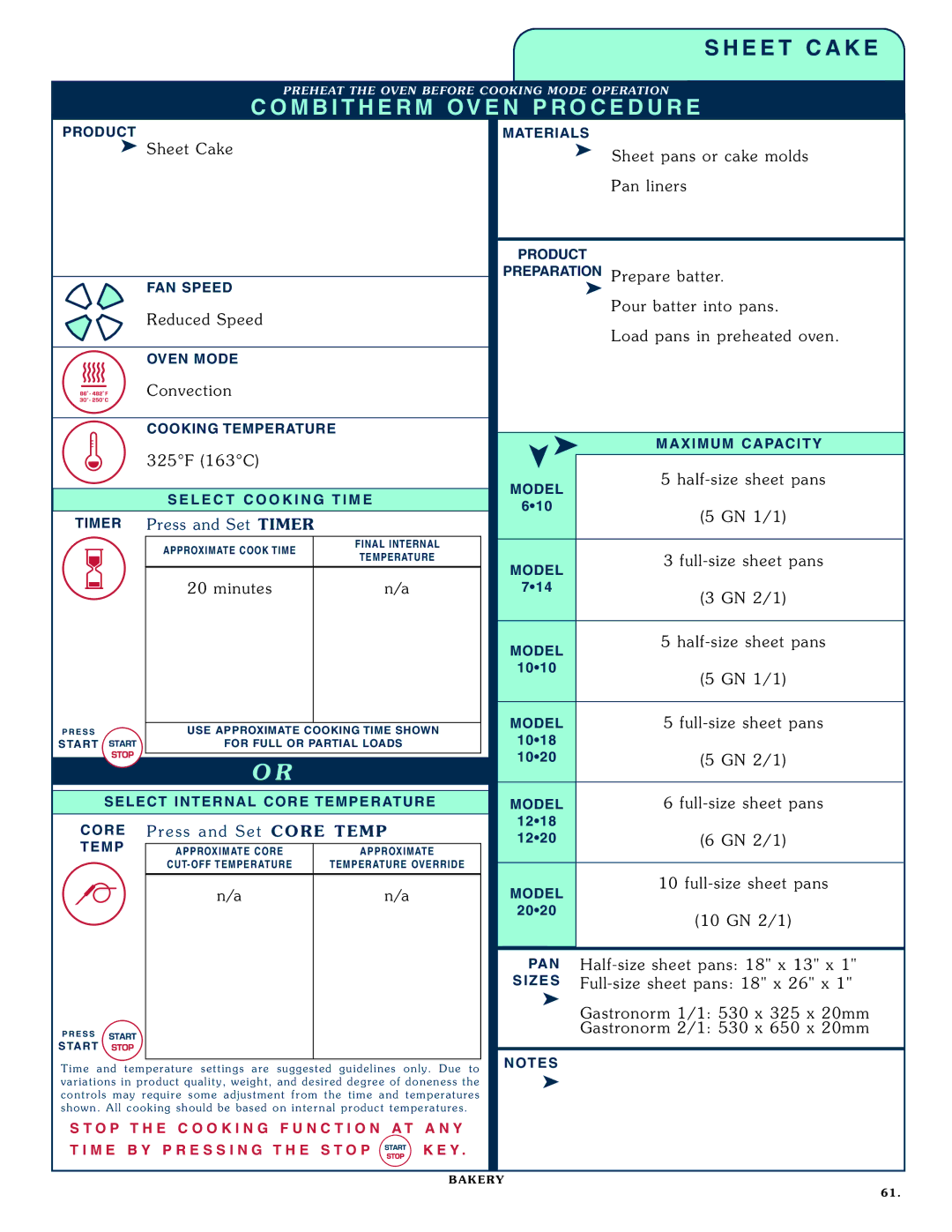 Alto-Shaam 1218, 1020 Shee t Cak e, Sheet p ans o r c ake m olds Pan l iners, Ha lf- size s heet p ans 5 GN 1 