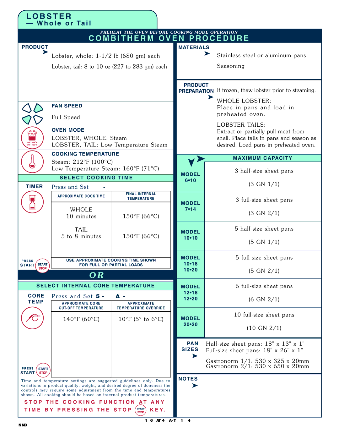 Alto-Shaam 1020, 1218 operation manual Whole L Obster, Lobster Tails, 140F 60C 10 F 5 to 6C 