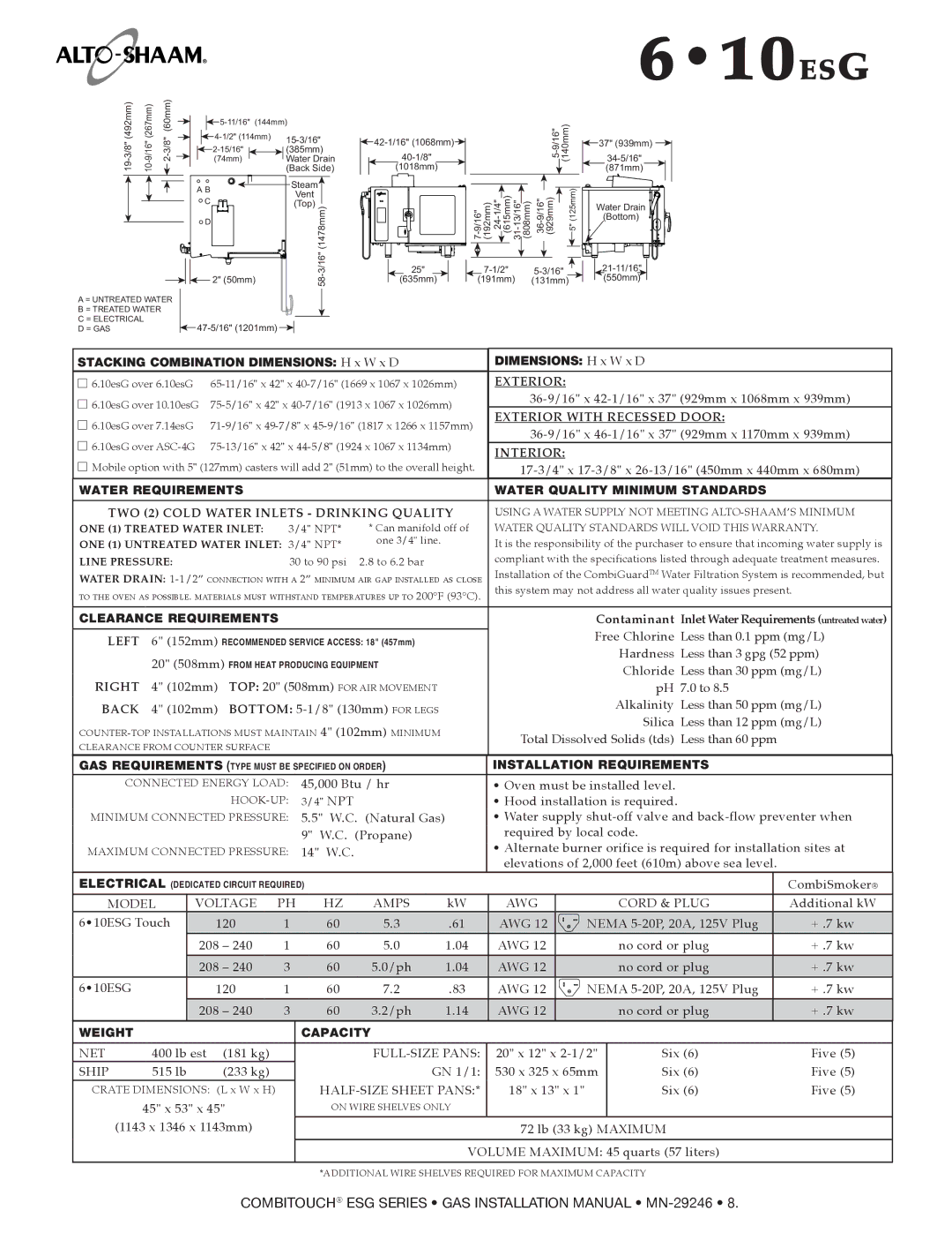 Alto-Shaam 2020ESG, 1218ESG, 1010ESG, 1020ESG manual Oven must be installed level, Hood installation is required, 610ESG Touch 