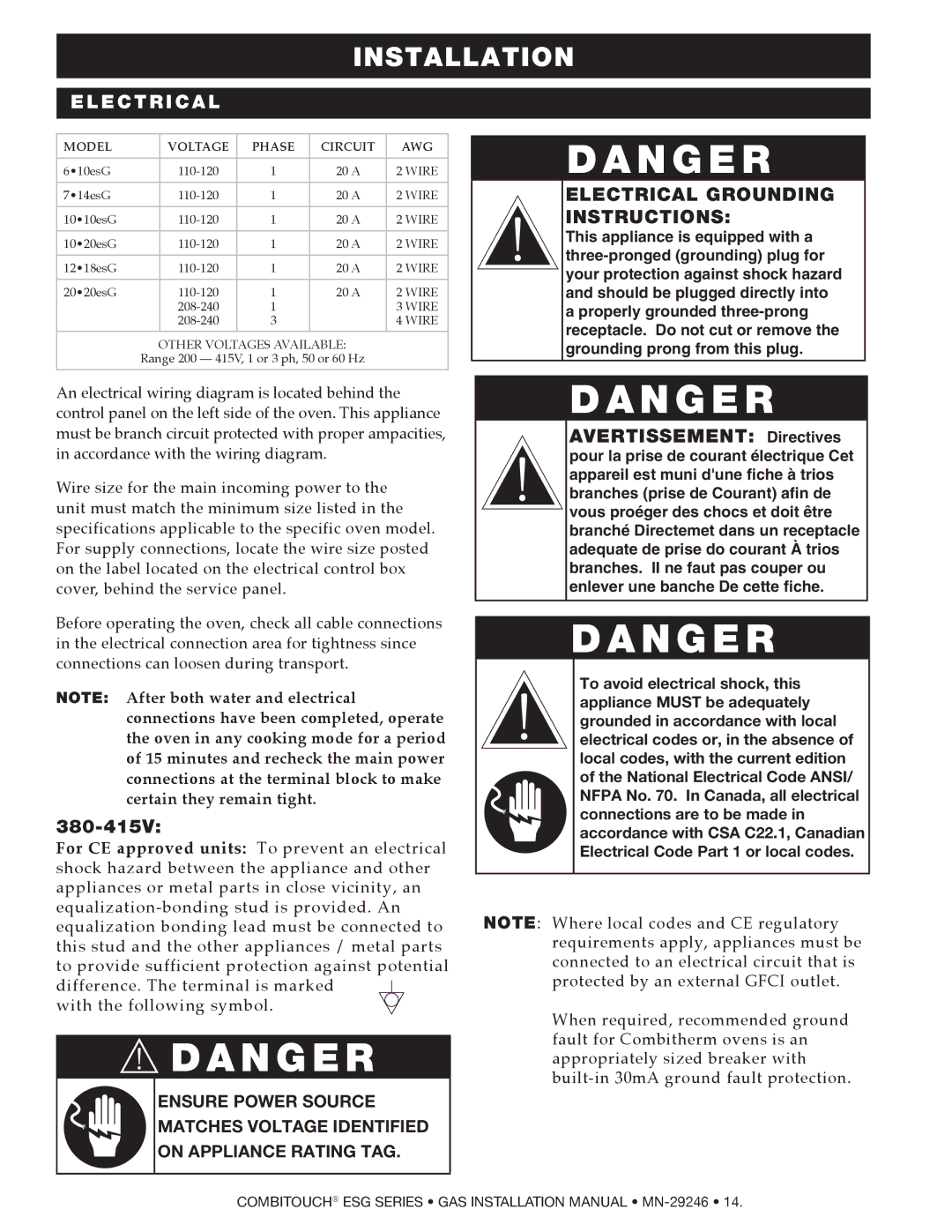 Alto-Shaam 2020ESG, 1218ESG, 1010ESG, 1020ESG, 714ESG, 610ESG manual Electrical Grounding Instructions 