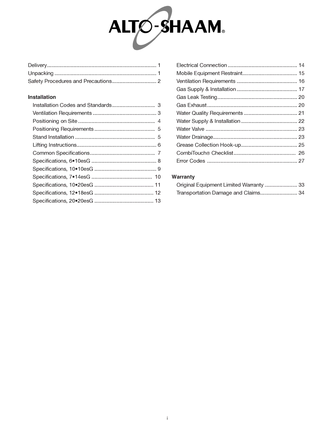 Alto-Shaam 1020ESG, 1218ESG, 1010ESG, 714ESG, 2020ESG, 610ESG manual Installation 