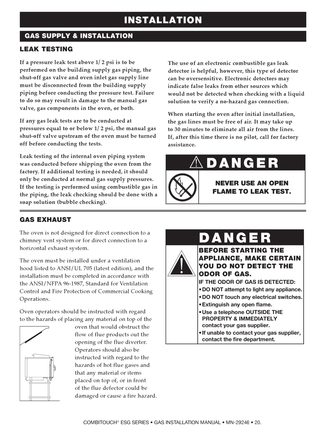 Alto-Shaam 2020ESG, 1218ESG, 1010ESG, 1020ESG, 714ESG, 610ESG manual Leak Testing, Never USE AN Open, GAS Exhaust 