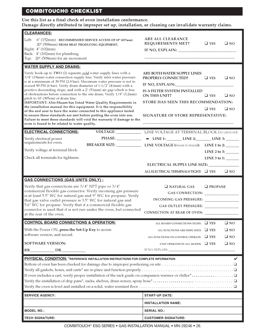 Alto-Shaam 2020ESG, 1218ESG, 1010ESG, 1020ESG, 714ESG, 610ESG manual COMBITOUcH cHEckLIST 