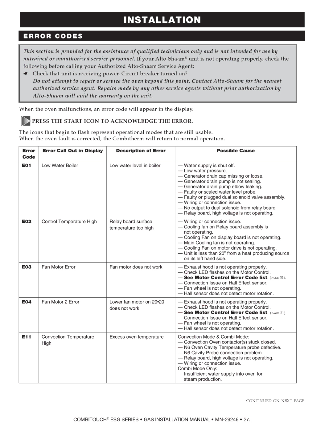 Alto-Shaam 610ESG, 1218ESG, 1010ESG, 1020ESG, 714ESG, 2020ESG manual Error cOdES 