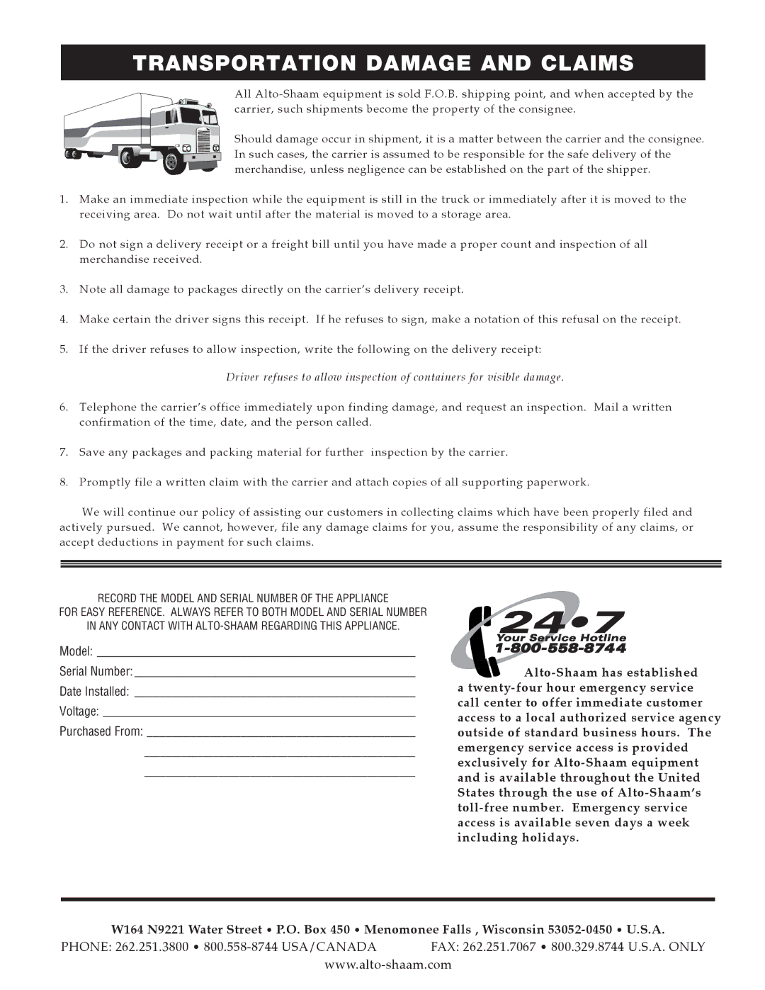 Alto-Shaam 1218ESG, 1010ESG, 1020ESG, 714ESG, 2020ESG, 610ESG manual Transportation dAMAgE ANd cLAIMS 