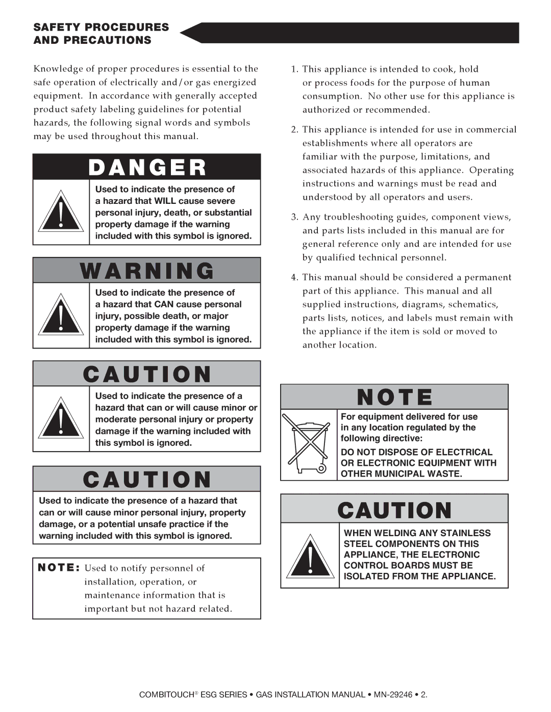 Alto-Shaam 2020ESG, 1218ESG, 1010ESG, 1020ESG, 714ESG, 610ESG manual N G E R, Safety Procedures Precautions 