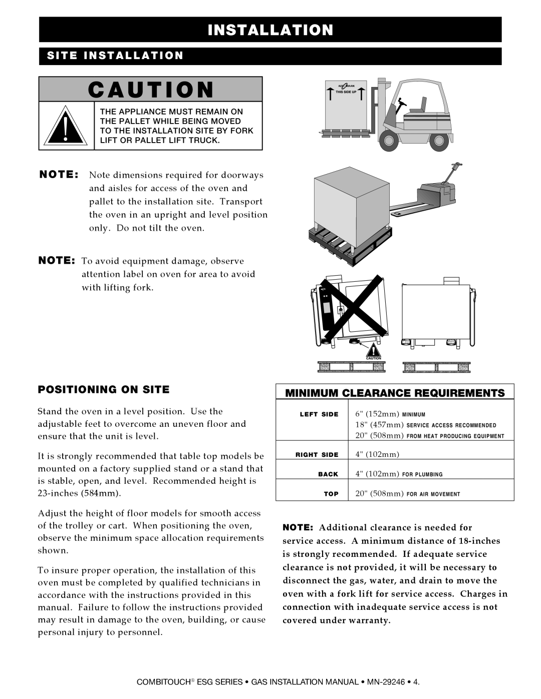 Alto-Shaam 1218ESG, 1010ESG, 1020ESG, 714ESG, 2020ESG, 610ESG manual Positioning on site, Minimum Clearance Requirements 