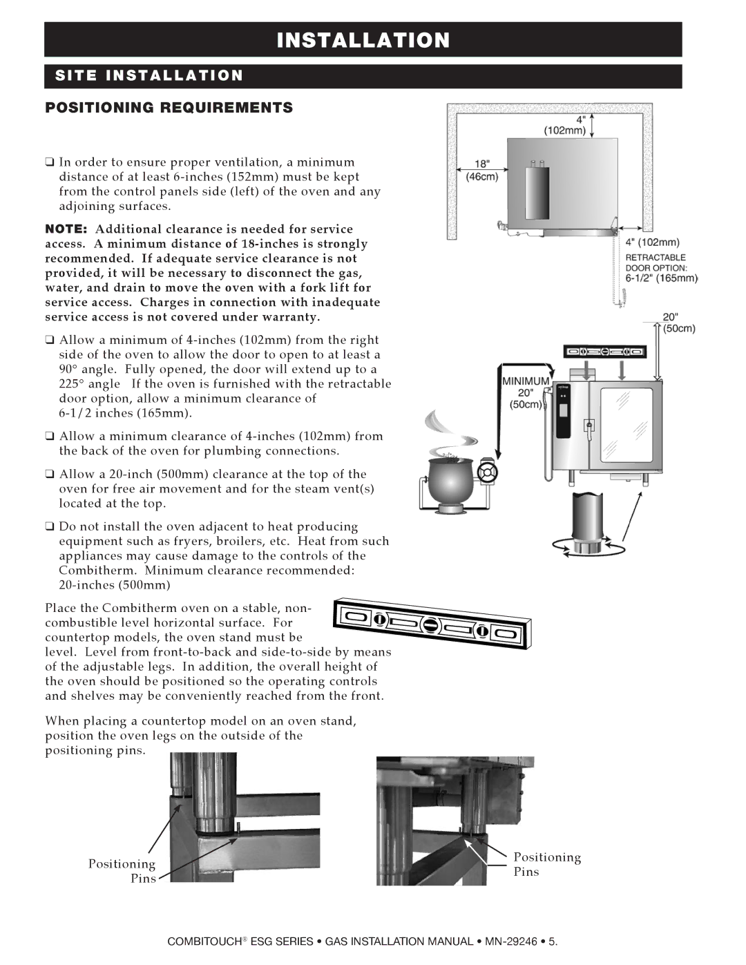 Alto-Shaam 1010ESG, 1218ESG, 1020ESG, 714ESG, 2020ESG, 610ESG manual Positioning requirements 