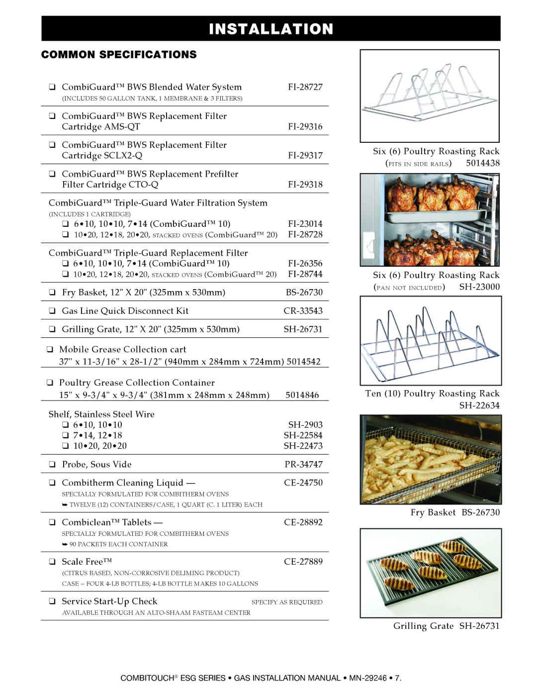 Alto-Shaam 714ESG, 1218ESG, 1010ESG, 1020ESG, 2020ESG, 610ESG manual Common Specifications, 610, 1010, 714 CombiGuard FI-23014 