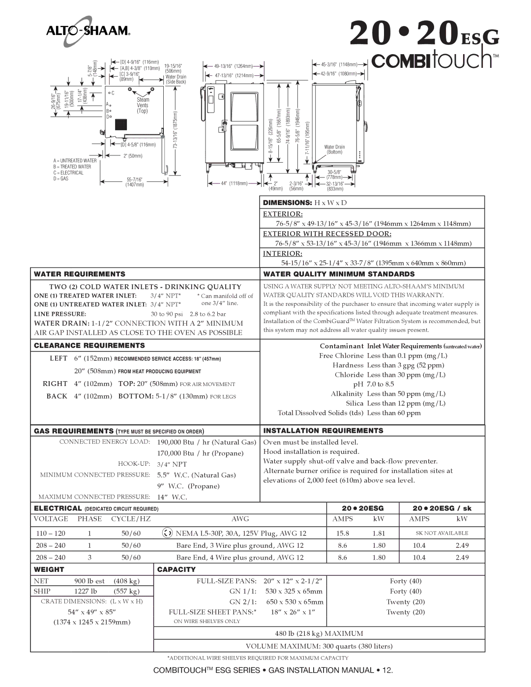 Alto-Shaam 1020ESG, 1218ESG, 1010ESG, 714ESG, 610ESG manual 2020ESG 2020ESG / sk 