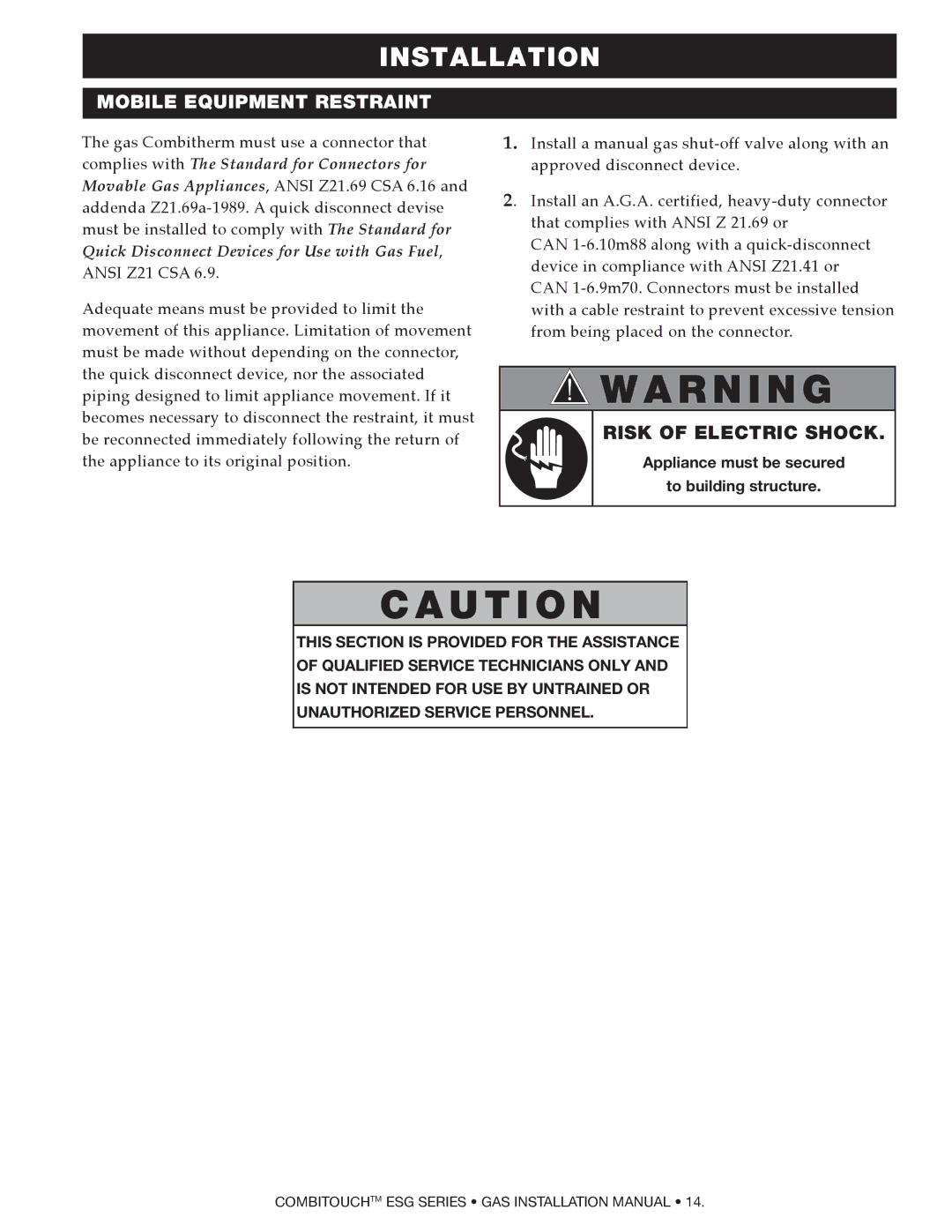 Alto-Shaam 2020ESG, 1218ESG, 1010ESG, 1020ESG, 714ESG, 610ESG manual Mobile Equipment Restraint, Risk of Electric Shock 