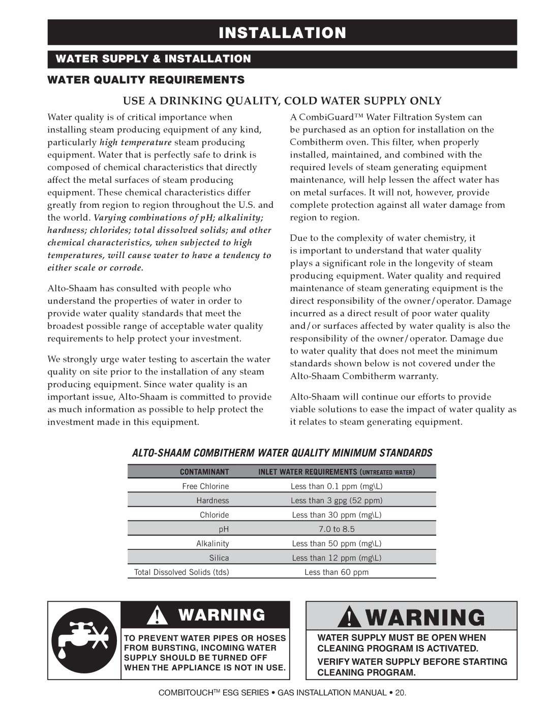 Alto-Shaam 2020ESG, 1218ESG, 1010ESG, 1020ESG, 714ESG, 610ESG manual Water Supply & Installation 