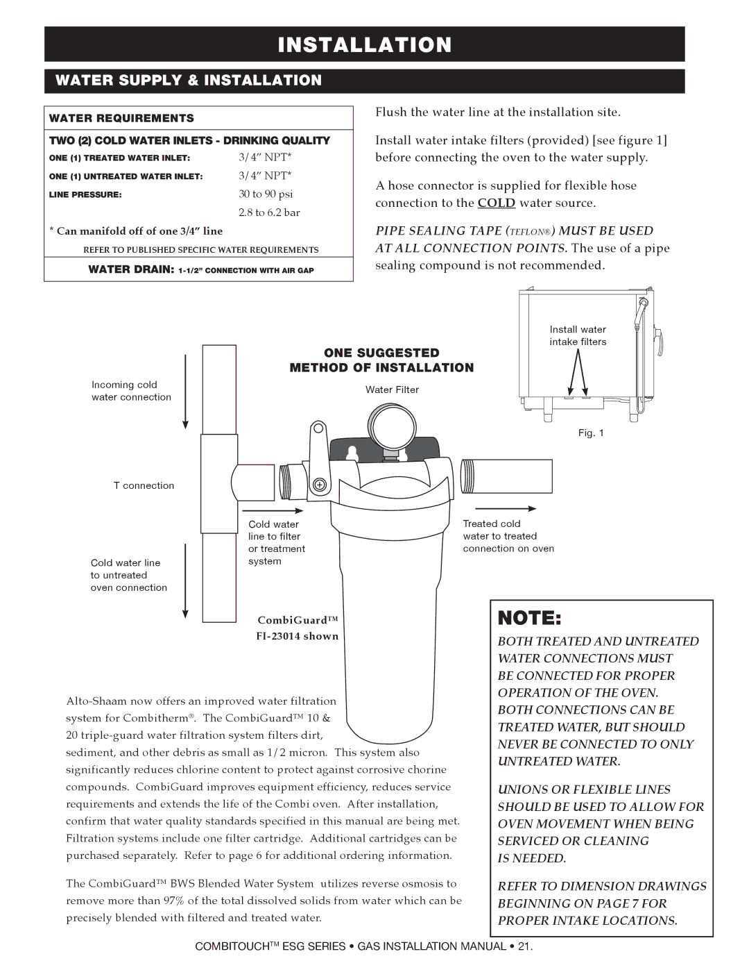 Alto-Shaam 610ESG, 1218ESG manual Can manifold off of one 3/4 line, CombiGuard FI-23014 shown, Install water intake filters 