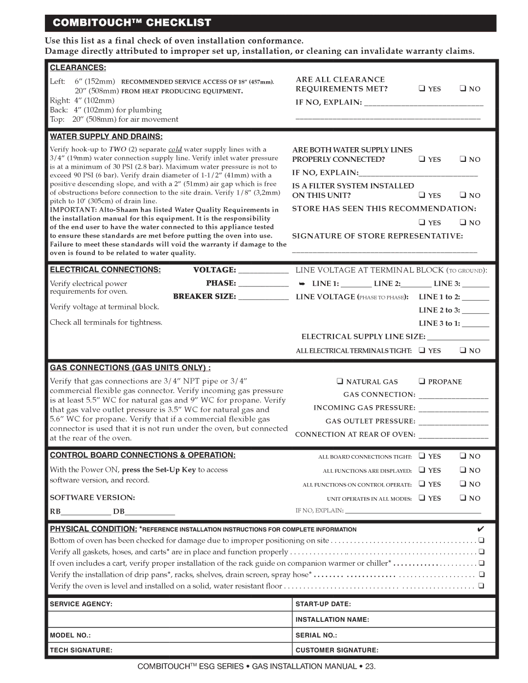 Alto-Shaam 1010ESG, 1218ESG, 1020ESG, 714ESG, 2020ESG, 610ESG manual Combitouch Checklist 