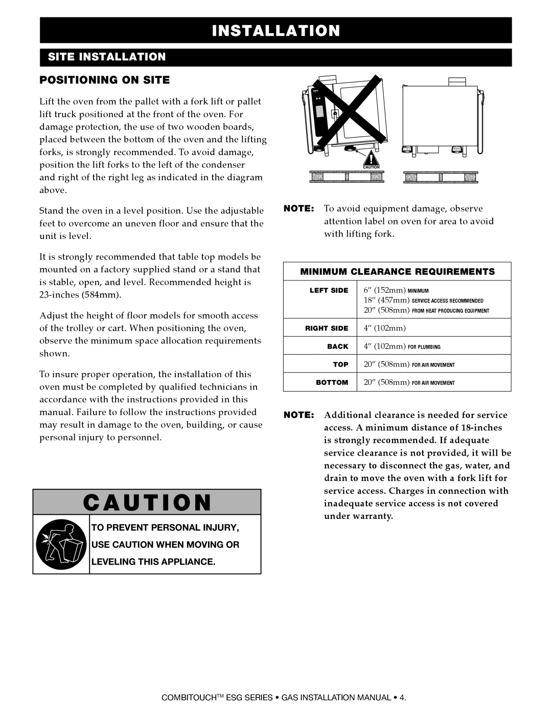 Alto-Shaam 1218ESG, 1010ESG, 1020ESG, 714ESG, 2020ESG, 610ESG manual Positioning on Site, 102mm 