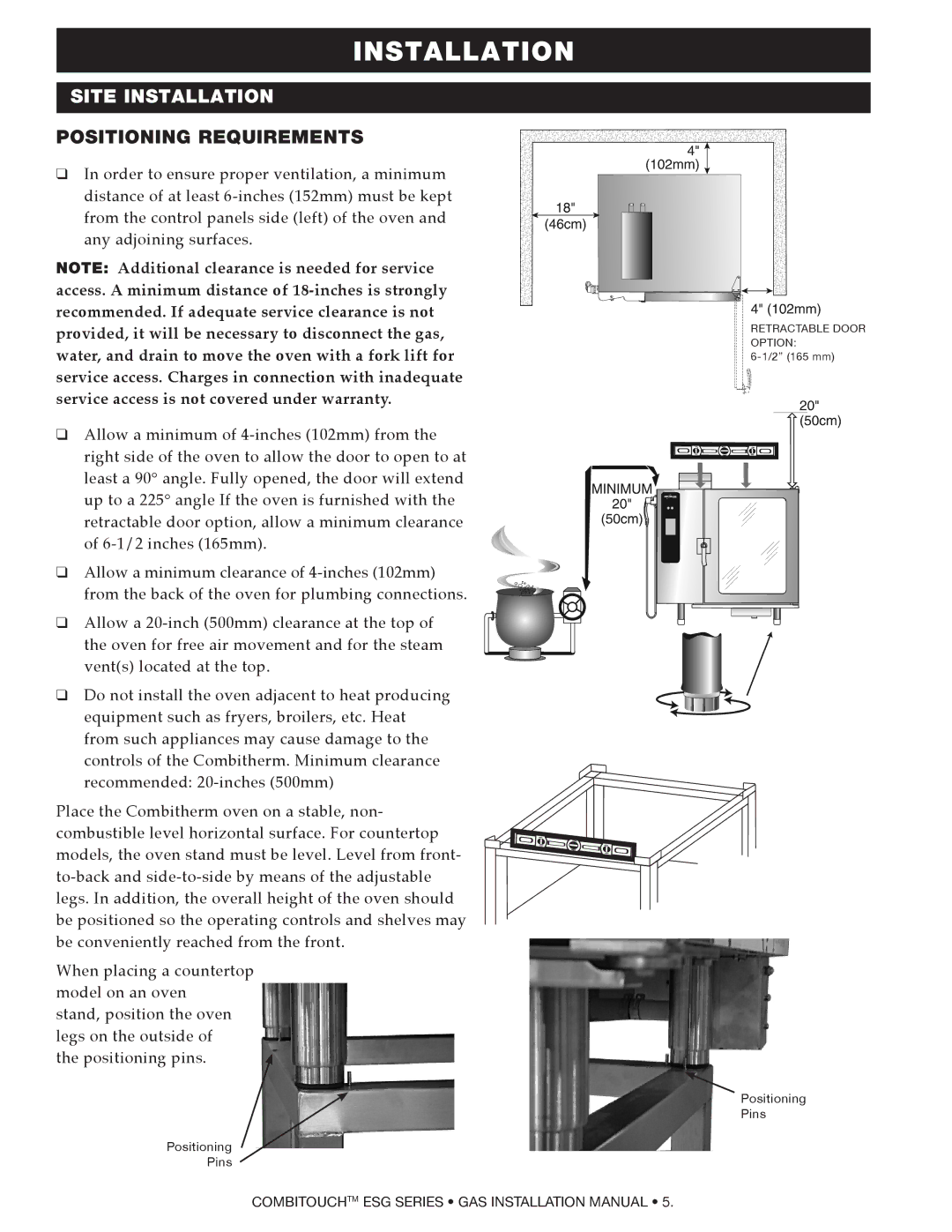 Alto-Shaam 1010ESG, 1218ESG, 1020ESG, 714ESG, 2020ESG, 610ESG manual Positioning Requirements, Positioning Pins 