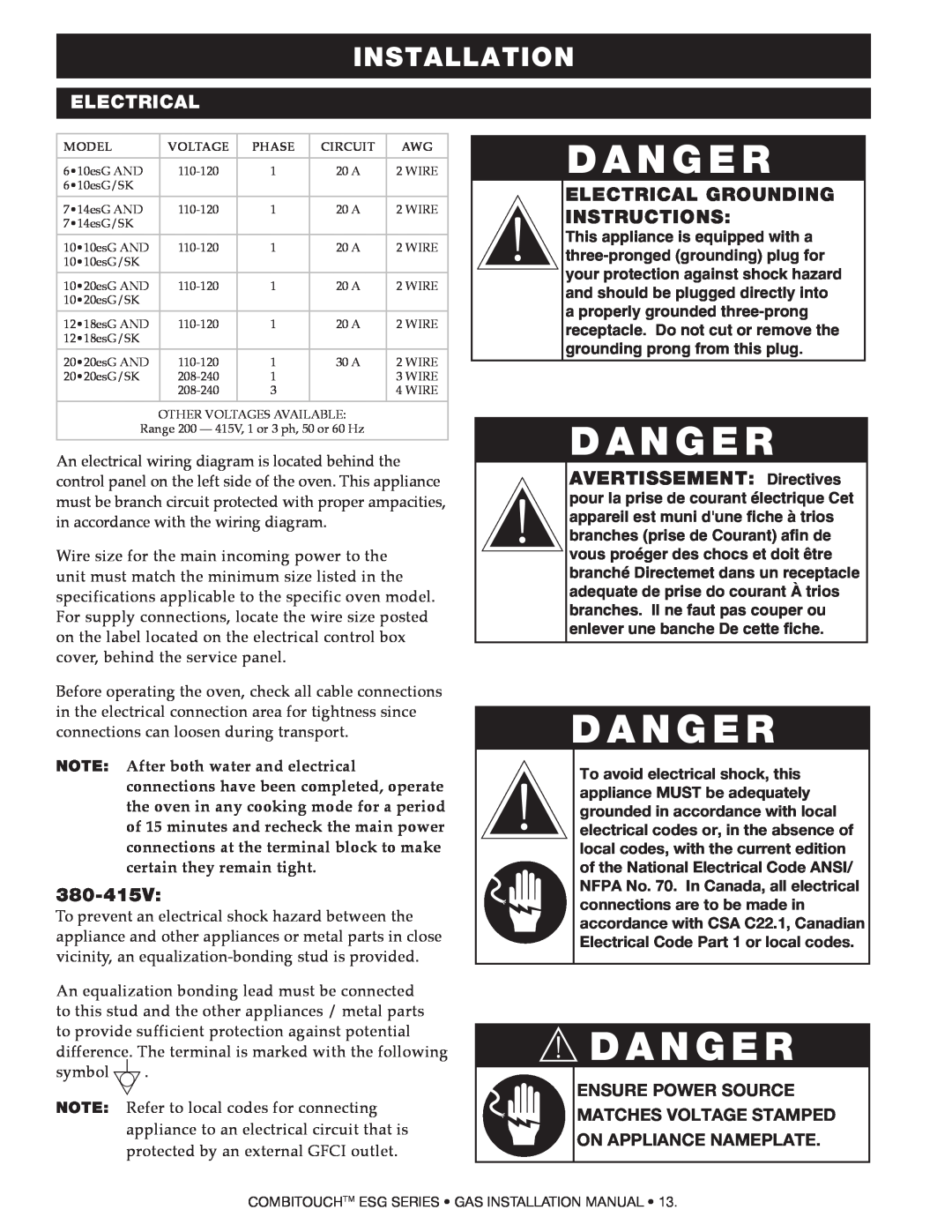 Alto-Shaam 714ESG, 1218ESG, 1010ESG manual Danger, 380-415V, Electrical Grounding Instructions, D A N G E R, Installation 