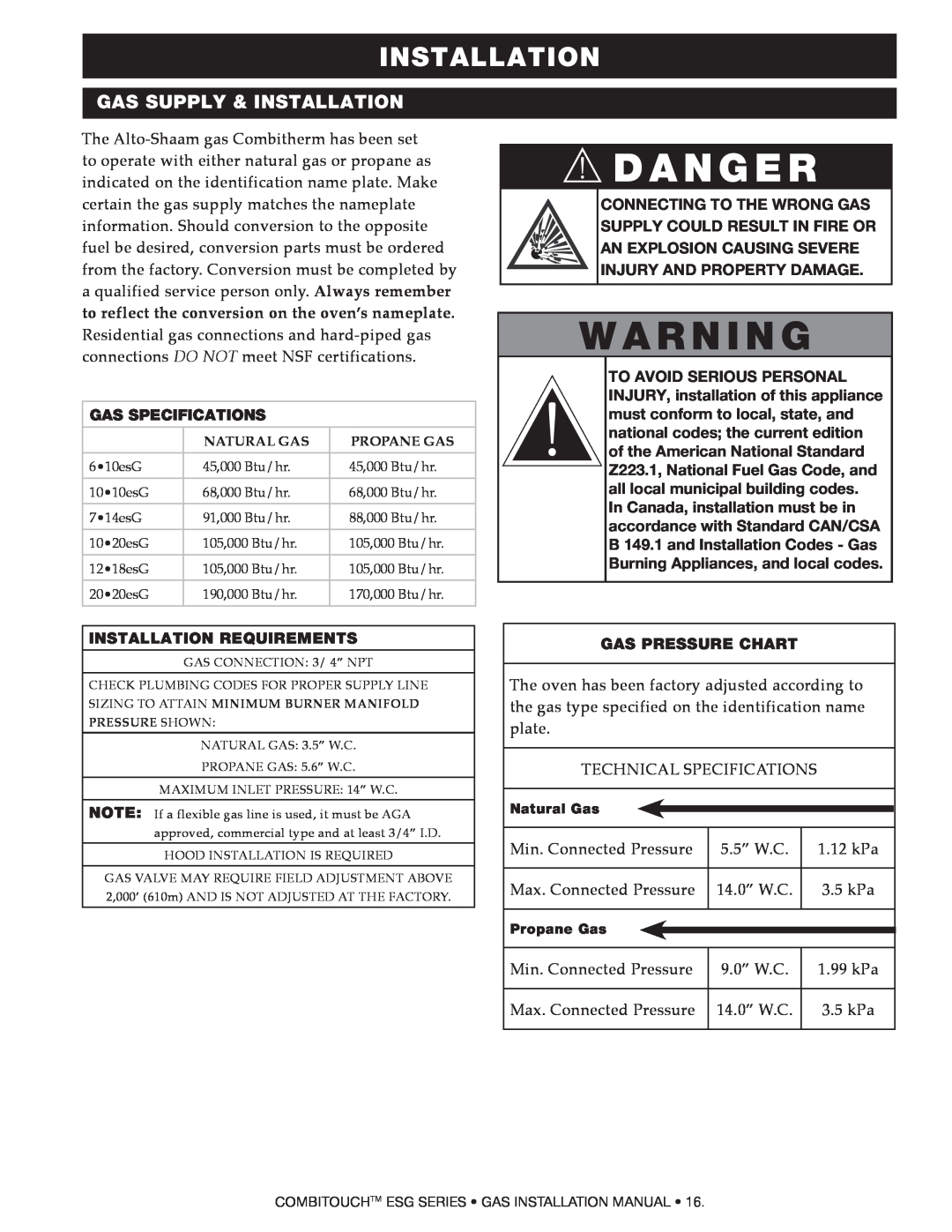Alto-Shaam 1218ESG Gas Supply & Installation, Danger, Gas Specifications, Installation Requirements, Gas Pressure Chart 