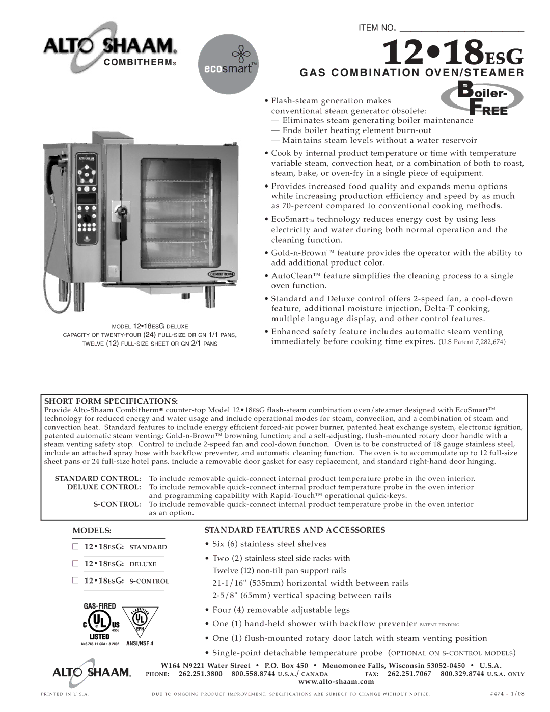 Alto-Shaam 12.18ESG specifications 1218ESG, GAS COM Bination OVEN/S TE AME R, Short Form Specifications 