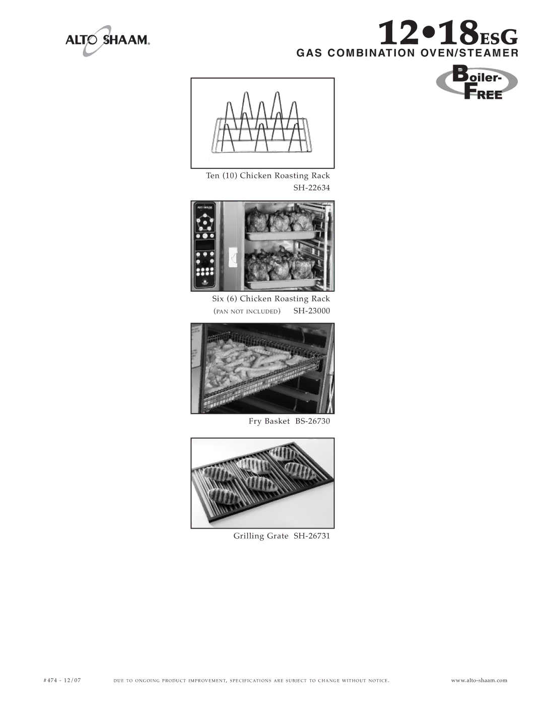 Alto-Shaam 12.18ESG specifications GAS COM Bina Tion O VEN/S TE AME R, Ten 10 Chi cken Roa sting Rack SH-2 263, #4 74 1 2 