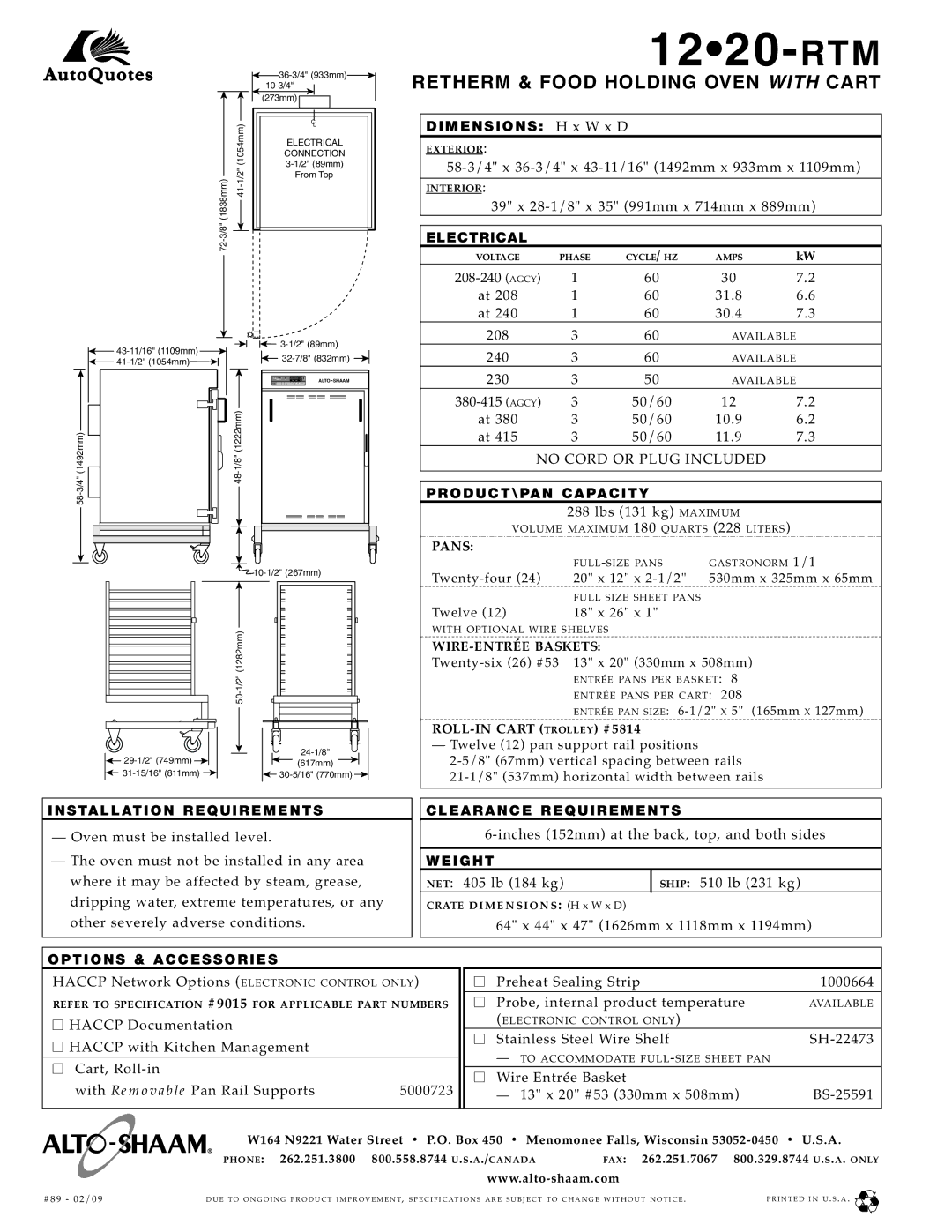 Alto-Shaam 1220-RTM/ e specifications Retherm & Food Holding Oven with Cart 