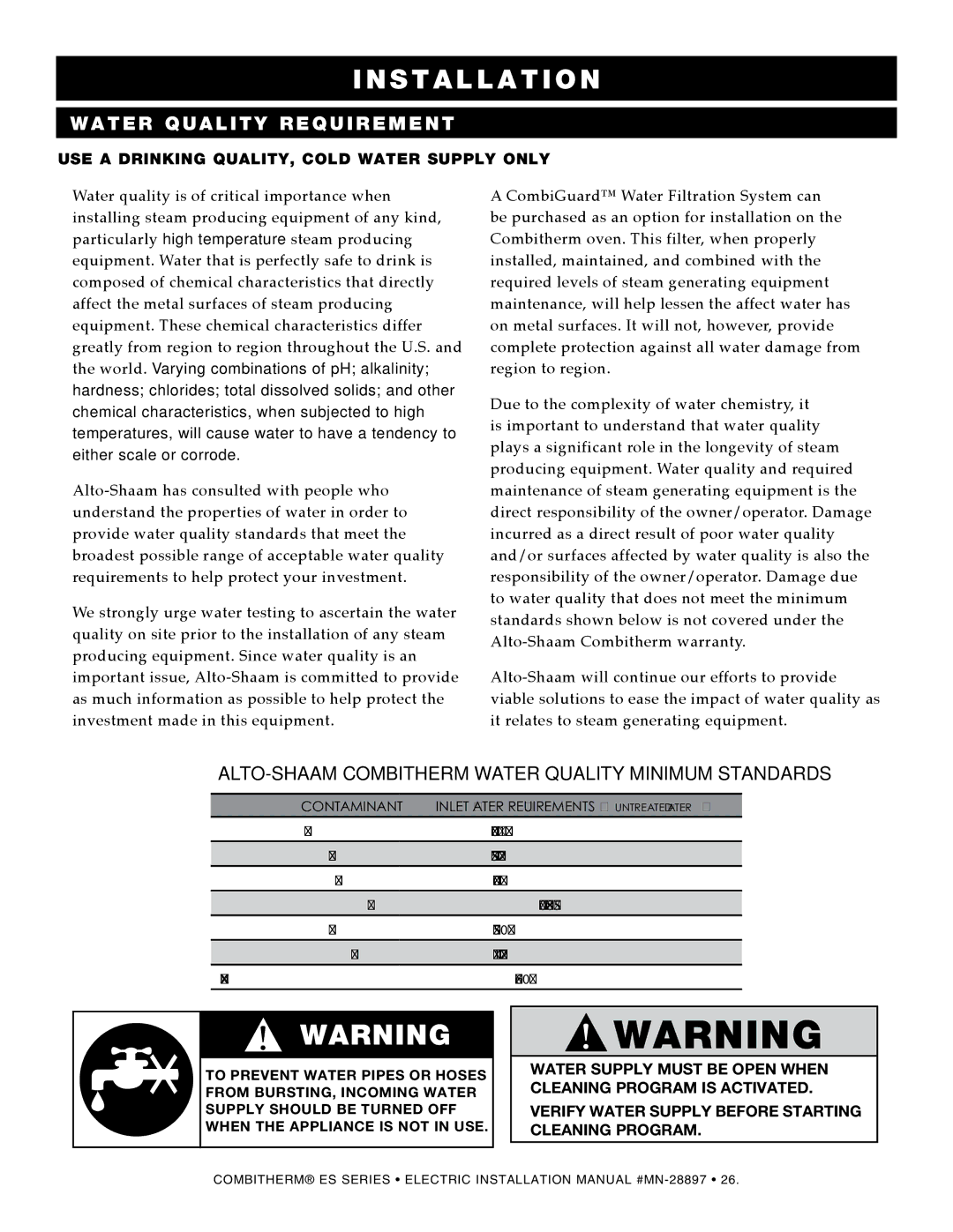 Alto-Shaam 1220 manual Water quality requirement 