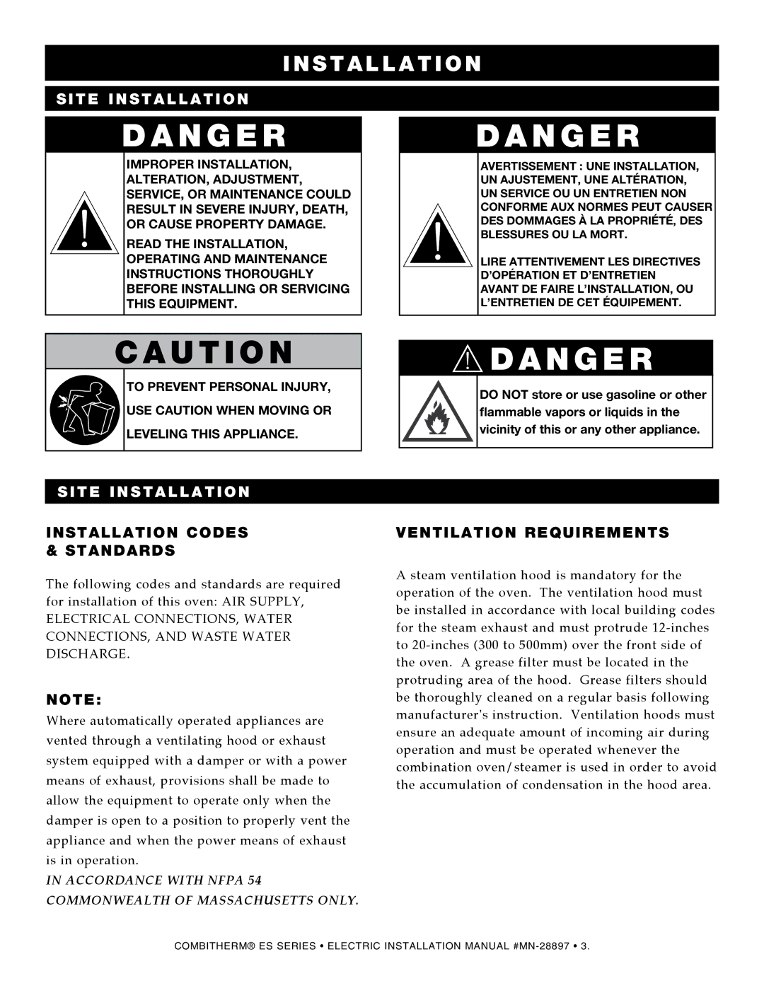 Alto-Shaam 1220 manual Site Installation, Installation codes & Standards, Ventilation requirements 