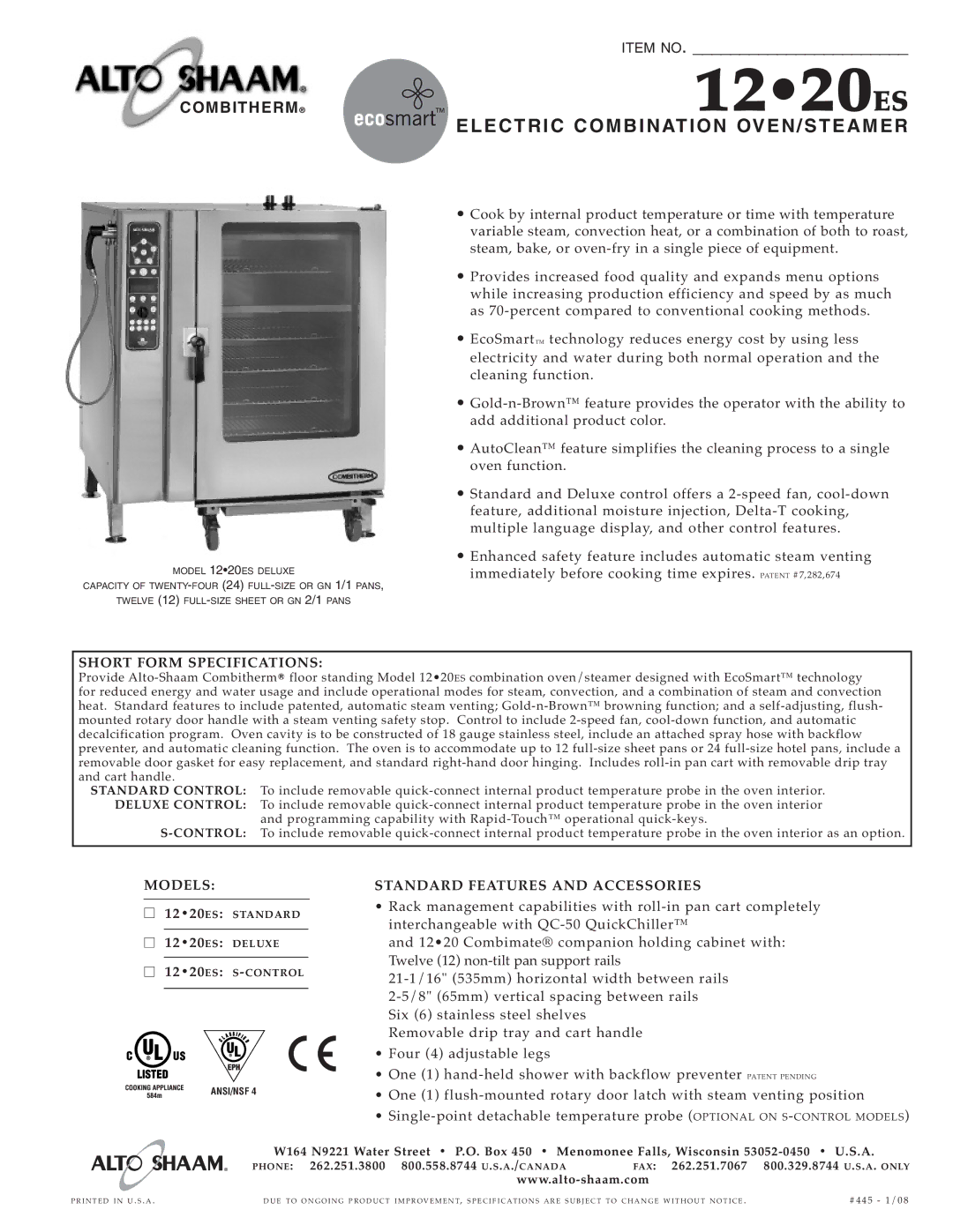 Alto-Shaam 12.20ES specifications Elect RIC Combina Tion OVEN/S Teame R, Short F ORM Specifications, #445 1/08 