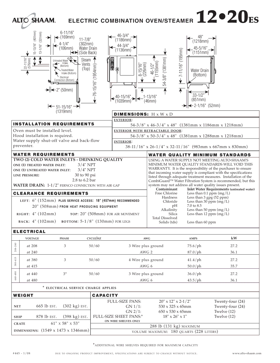 Alto-Shaam 12.20ES specifications Elec Tric Combin Atio N OVEN/ STE AME R 1220ES 