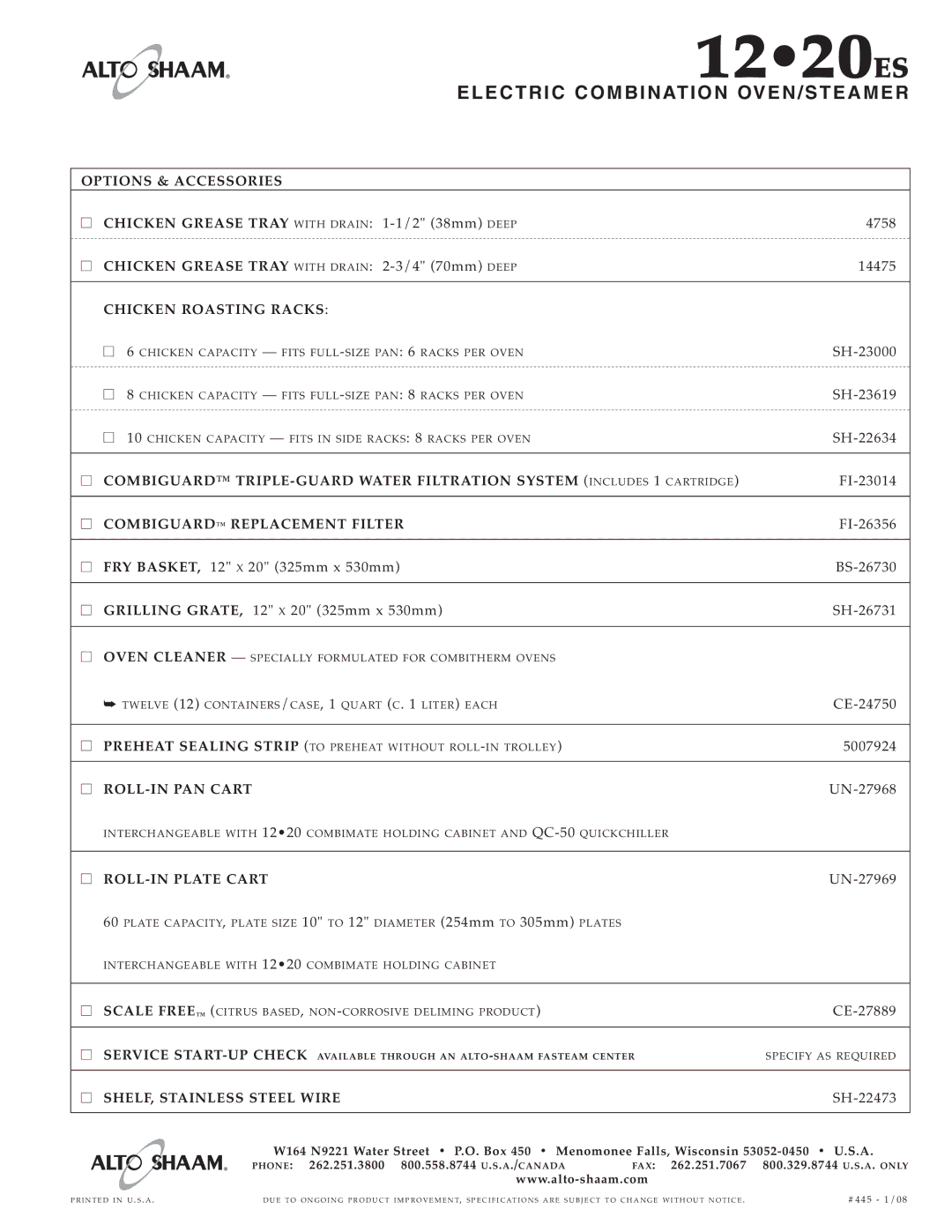 Alto-Shaam 12.20ES specifications Optio NS & Access ORI ES, Chic KEN Roasti NG R Acks, Combig Uard Repla Cement F Ilter 