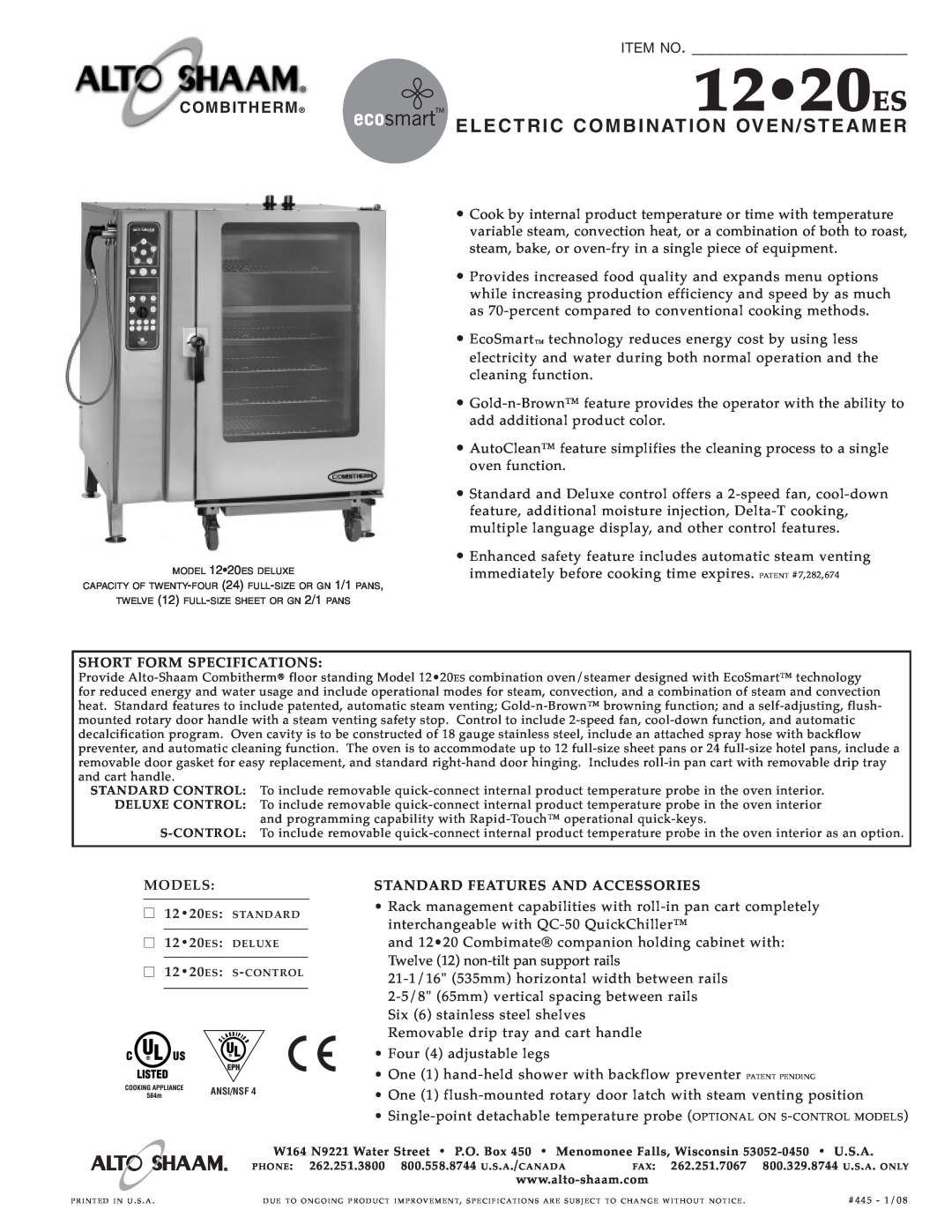 Alto-Shaam 12.20ES specifications 12 20ES, Elect Ric Combina Tion, Oven/S Teame R, Item No, Combitherm 