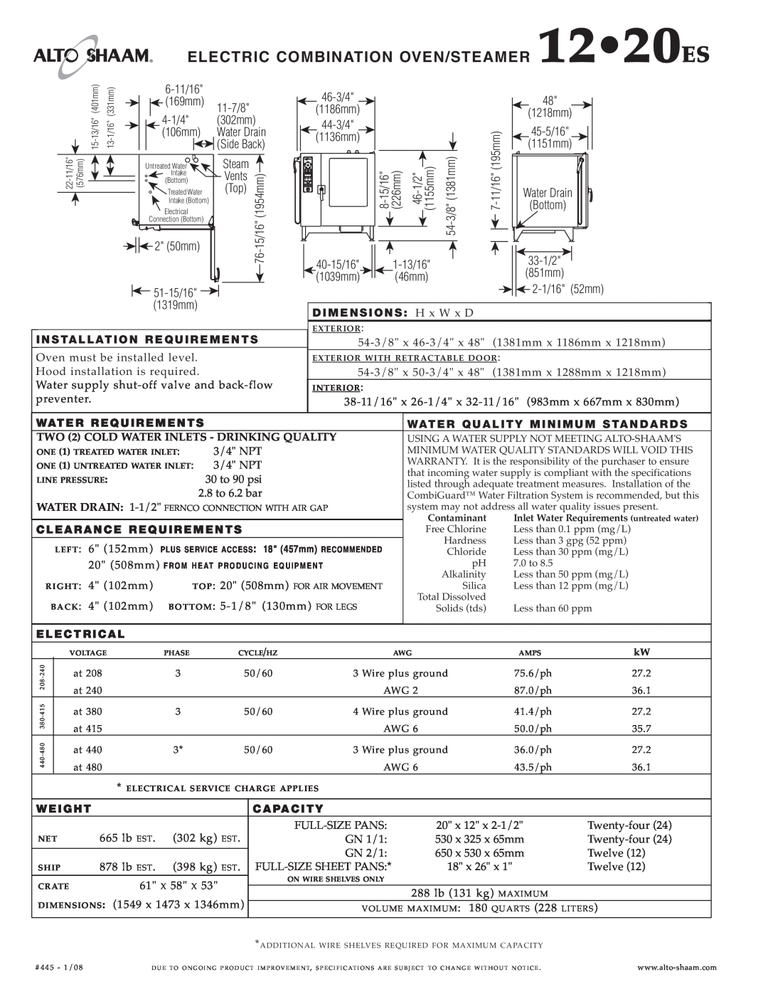 Alto-Shaam 12.20ES specifications ELEC TRIC COMBIN ATIO N OVEN/ STE AME R 12 20ES 